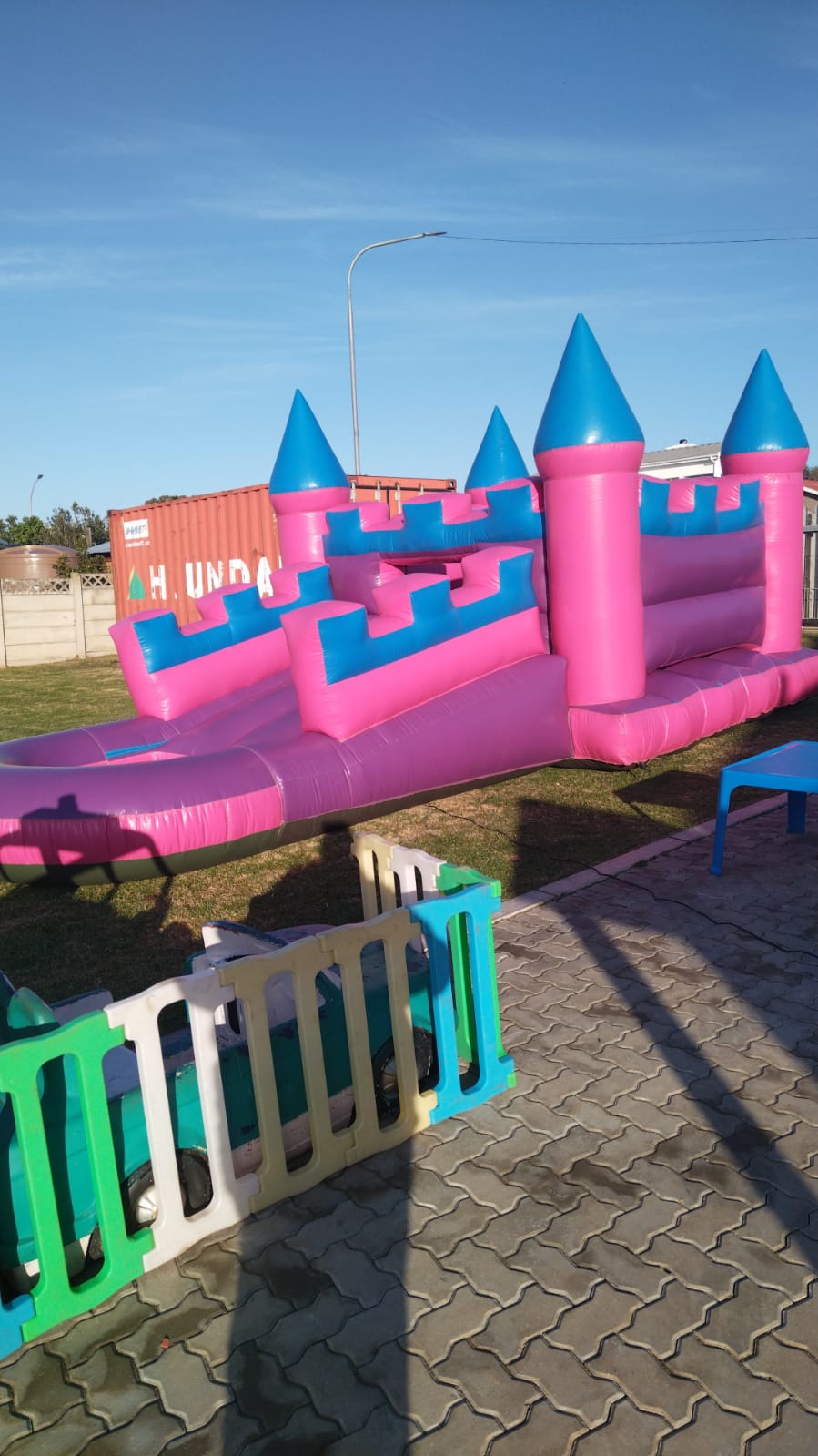 Bouncy castle set up in the play yard